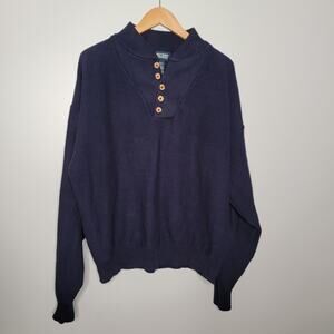 Lands End Navy Shawl Collar Sweater Men L Made USA Cotton Preppy Grandpa Office